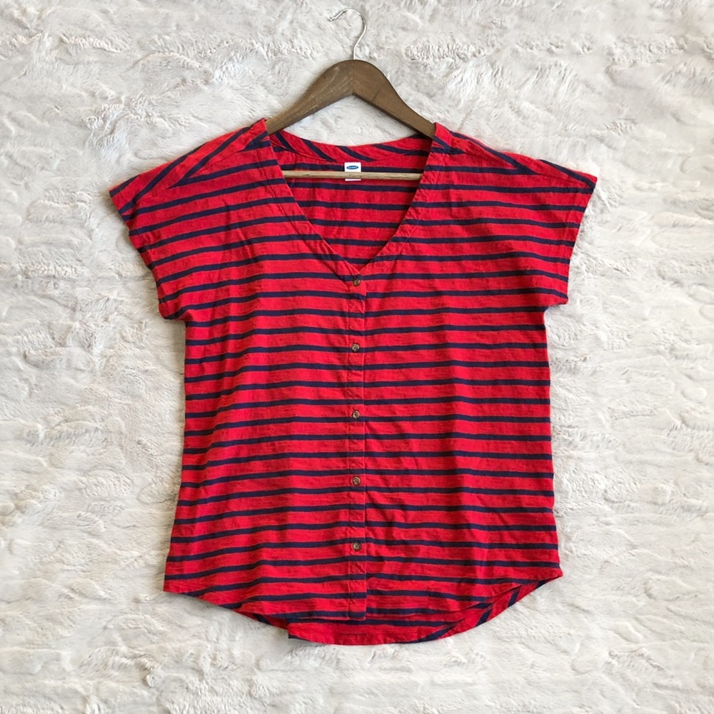 Old Navy V-Neck Button Down Red/Navy Striped Top
